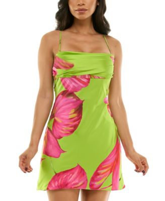 City Studios - Juniors' Floral Satin Draped-Neck Mini Dress