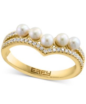EFFY Collection - Cultured Freshwater Pearl (3mm) & Diamond (1/5 ct. t.w.) Double Row Chevron Ring in 14k Gold