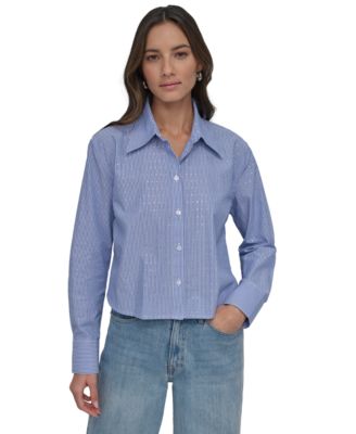 DKNY Jeans - Women's Striped Poplin Studded Rhinestone Cotton Long-Sleeve Button-Front Shirt