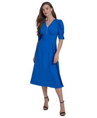 Halston - Women's V-Neck Shirred-Sleeve Flared Dress