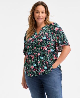 Style & Co - Plus Size Floral Trapunto-Stitch Flutter-Sleeve Top