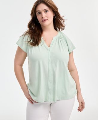 Style & Co - Plus Size Flutter-Sleeve Button-Front Top