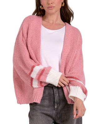 Elan - Women's Cotton Collarless Open-Front Knit Cardigan