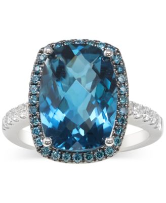 Macy's - London Blue Topaz (7 ct. t.w.), Blue Diamond (1/4 ct. t.w.), & White Diamond (1/4 ct. t.w.) Halo Statement Ring in 14k White Gold
