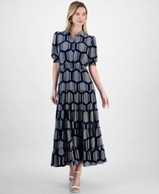 T Tahari - Women's Smocked-Trim Elbow-Sleeve Tiered Dress