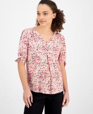 AK Anne Klein - Petite Tie-Cuff Front-Pleated Printed Top