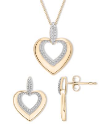 Macy's - 2-Pc. Set Diamond Heart Pendant Necklace & Matching Drop Earrings (1/5 ct. t.w.) in 14k Gold-Plated Sterling Silver