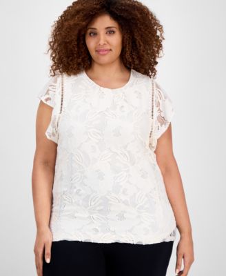 Anne Klein - Plus Size Flutter-Sleeve Lace Overlay Blouse