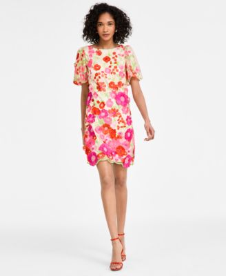 Eliza J - Petite 3D-Floral Puff-Sleeve Mini Dress