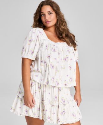 And Now This - Plus Size Floral-Print Lace-Trim Blouse