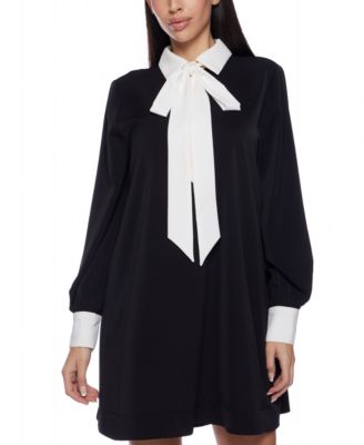 B Darlin - Juniors' Contrast-Trim Bow-Neck A-Line Dress