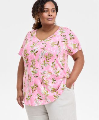 JM Collection - Plus Size Floral-Print Scoop-Neck Top