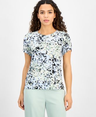 AK Anne Klein - Petite Printed Tulip-Sleeve Scoop-Neck Top