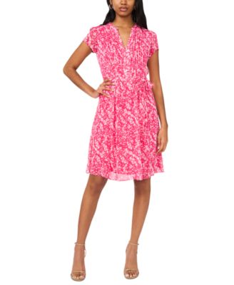 MSK - Women's Split-Neck Pintuck-Front Belted Dress