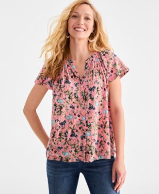 Style & Co - Women's Floral-Print Flutter-Sleeve Gathered-Neck Top