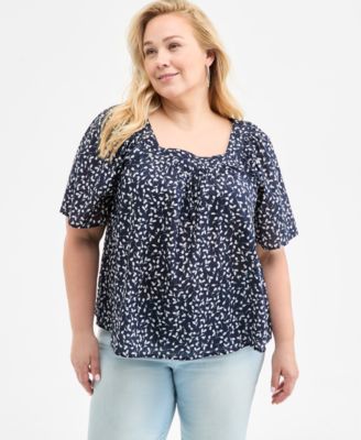 Style & Co - Plus Size Floral-Print Square-Neck Cotton Top