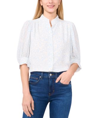 CeCe - Women's Printed Open-Collar Elbow-Sleeve Top