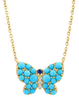 EFFY Collection - urquoise, Sapphire Accent, & Diamond Accent Butterfly Pendant Necklace in 14k Gold, 17" + 1" extender