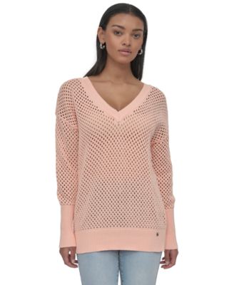 DKNY Jeans - Women's Cotton Open-Knit V-Neck Sweater