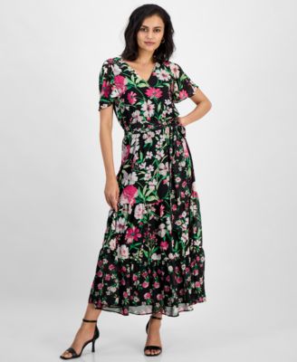 Kasper - Women's Printed Tiered Smocked-waist Flutter-Sleeve Dress, Regular & Petite Sizes