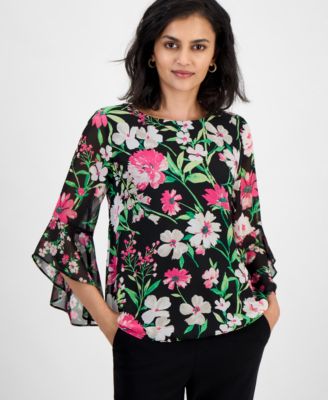 Kasper - Women's Floral Chiffon Ruffle Bell-Sleeve Blouse, Regular & Petite Sizes