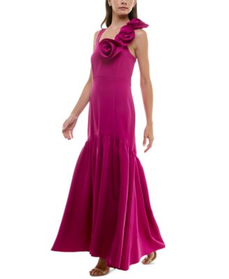 Taylor - Women's Rosette-Trim Square-Neck Flounce-Hem Gown