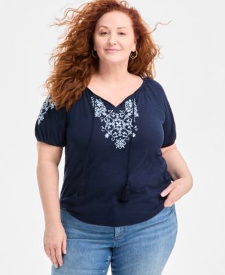 Style & Co - Plus Size Embroidered Knit Peasant Top