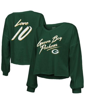 Majestic - Women's   Jordan Love Green Green Bay Packers Name Number Off-Shoulder Script Cropped Long Sleeve V-Neck T-Shirt