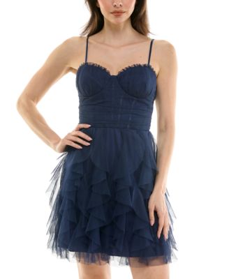pear culture - Juniors' Corset-Top Petal-Skirt Mesh Dress