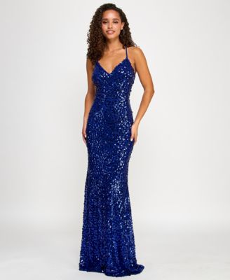 Crystal Doll - Juniors' Floral Sequin V-Neck Sleeveless Gown