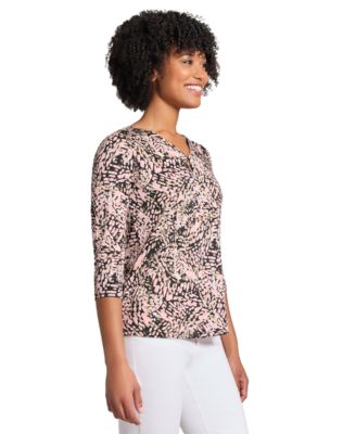Jones New York - Petite Brushstroke-Print Keyhole-Neck Top