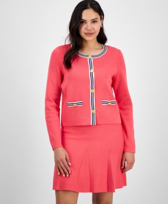 Tahari ASL - Women's Striped-Trim Long-Sleeve Cardigan