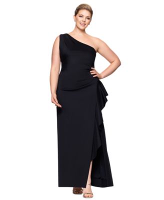 XSCAPE - Plus Size Cascading One-Shoulder Gown