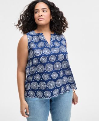 On 34th - Trendy Plus Size Cotton Eyelet Split-Neck Tank