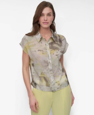 DKNY - Women's Printed Button-Front Collared Camp Shirt