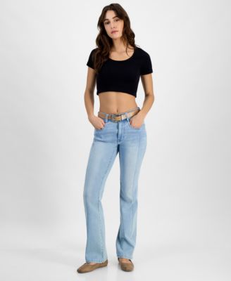 Dollhouse - Juniors' Western High-Rise Belted Flare-Leg Jeans