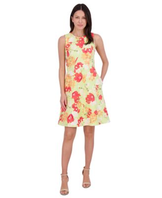 Vince Camuto - Petite Printed Jewel-Neck Sleeveless Dress
