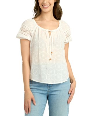 BCX - Juniors' Embroidered Gauze Eyelet Peasant Top