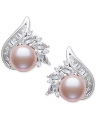 Belle de Mer - Blush Cultured Freshwater Button Pearl (8-9mm) & Lab Created White Sapphire (2 ct. t.w.) Stud Earrings in Sterling Silver