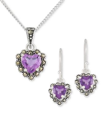 Macy's - 2-Pc. Set Amethyst (2 ct. t.w.) & Marcasite Pendant Necklace & Matching Drop Earrings in Sterling Silver