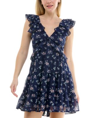 Trixxi - Juniors' Floral Ruffle Clip-Dot Mini Dress