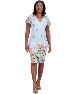 Eliza J - Women's Printed V-Neck Bubble-Sleeve Sheath Dress