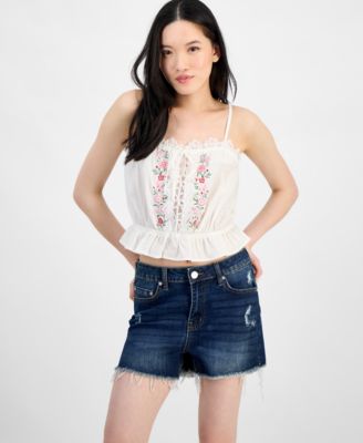 Self Esteem - Juniors' Cotton Lace-Trim Embroidered Tank Top