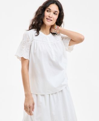 Style & Co - Women's Cotton Eyelet-Embroidered Pleated Top