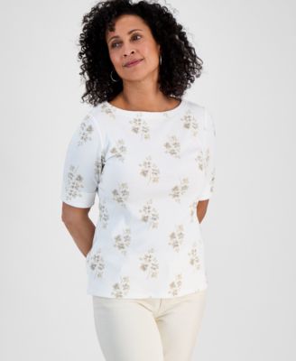 Style & Co - Women's Floral-Print Cuffed-Sleeve Boat-Neck Top