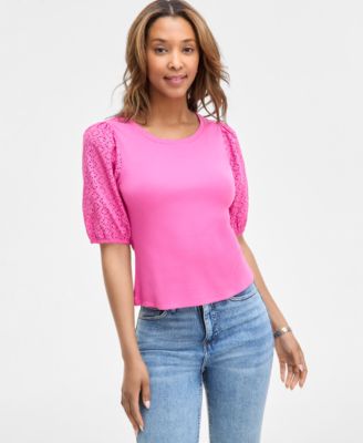 On 34th - Women's Eyelet-Sleeve Rib-Knit Top