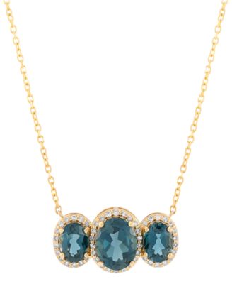 Macy's - London Blue Topaz (4 ct. t.w.) & Diamond (1/4 ct. t.w.) Oval Trio Halo Pendant Necklace in 10k Gold, 16" + 2" extender