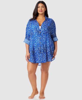 Anne Cole - Plus Size Denim Dot Boyfriend Shirt Swim Cover-Up