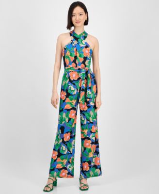 Tahari - Petite Floral-Print Tie-Belt Crossover-Neck Jumpsuit