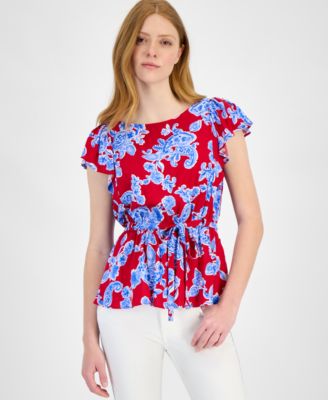 Tommy Hilfiger - Women's Printed Ruffled-Sleeve Peplum Top